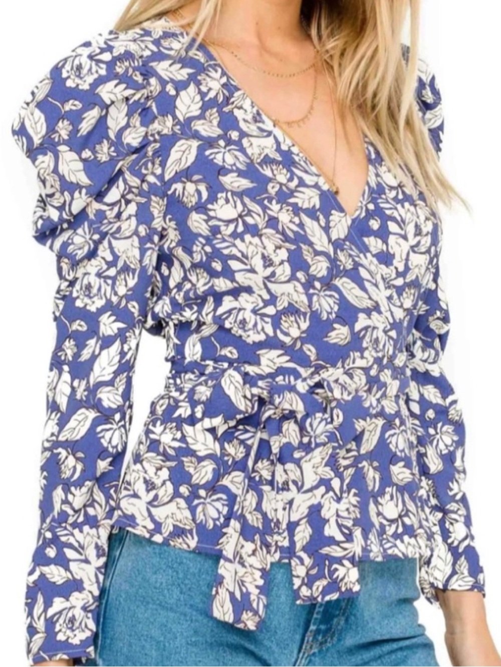 ASTR the label Floral Wrap Blouse in Blue and White, Size L, EUC